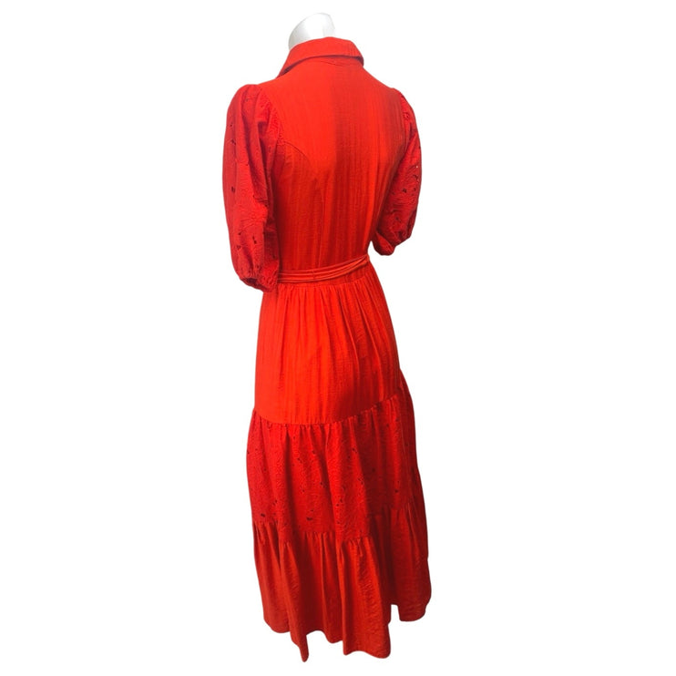 Aura Red Short Puff Sleeve Tiered Tie Waist A Line Midi Shirt Dress Size XS