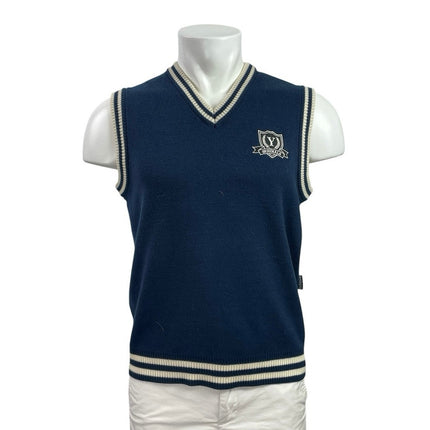 NEW YoMe Men's Navy Blue Knit V Neck Striped School College Sweater Vest Size S