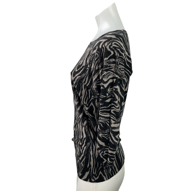 DKNY Women's Black Swirl Animal Print 3/4 Sleeve Round Neck Knit Top Size XS