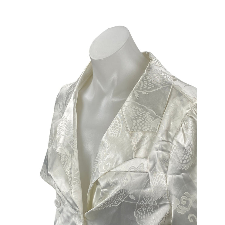 Coquette Women's White Jacquard Silk Satin Short Sleeve Button Down Crop Top S