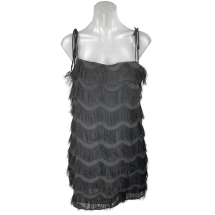 Zara Black Sleeveless Tie Strap Fringe Tiered Cami Tank Mini Shift Dress Size L