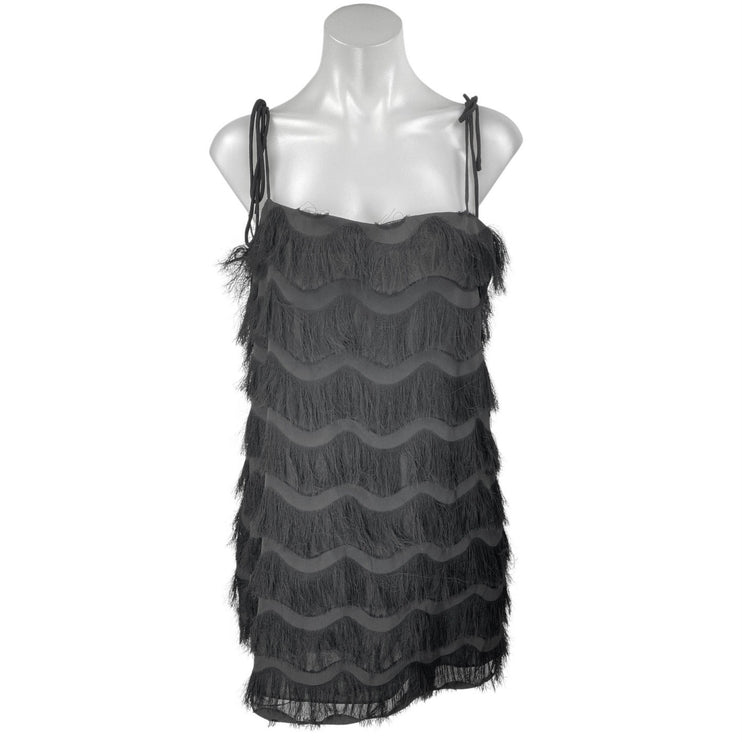 Zara Black Sleeveless Tie Strap Fringe Tiered Cami Tank Mini Shift Dress Size L