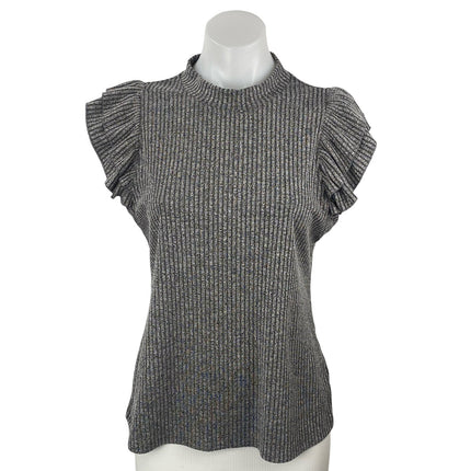 Jessica Simpson Valerie Gray Ribbed Mock Neck Ruffle Flutter Sleeve Blouse Top L