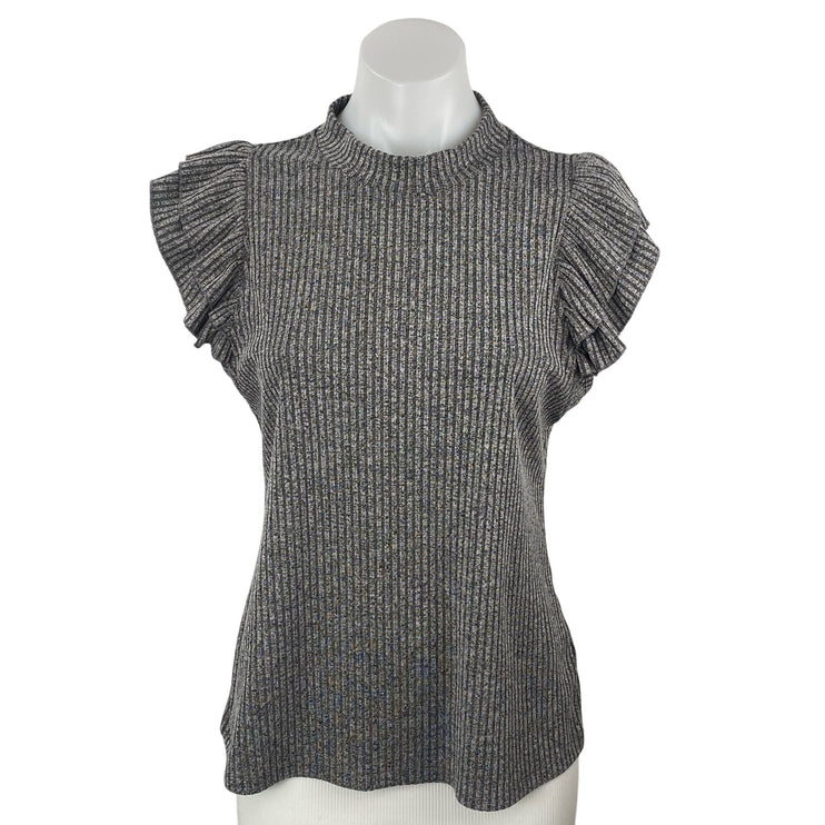 Jessica Simpson Valerie Gray Ribbed Mock Neck Ruffle Flutter Sleeve Blouse Top L