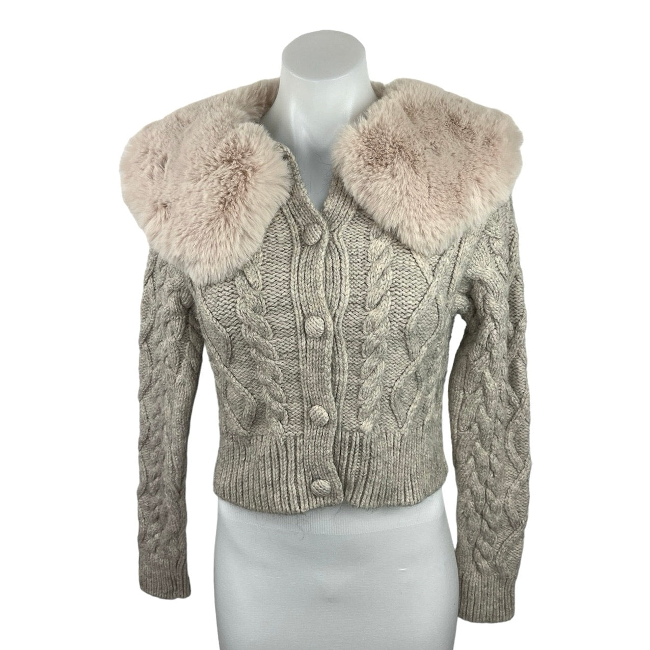 Cable Knit Zara Knit Cropped Cardigan ZARA Gray Faux Fur Collar