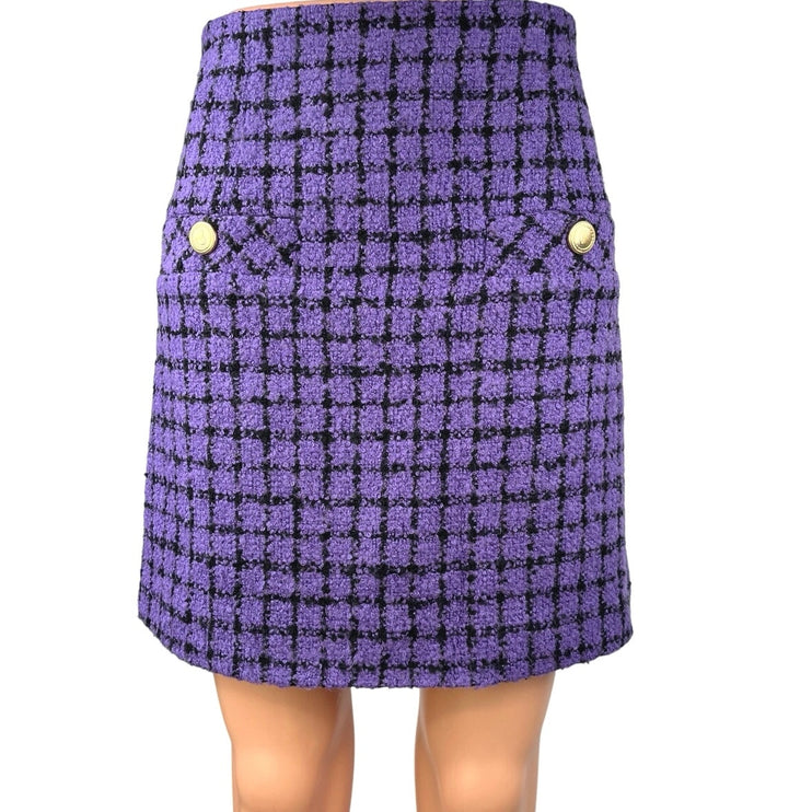 Sandro Purple Checkered Plaid Tweed Straight Pencil Knee length Mini Skirt Sz 36