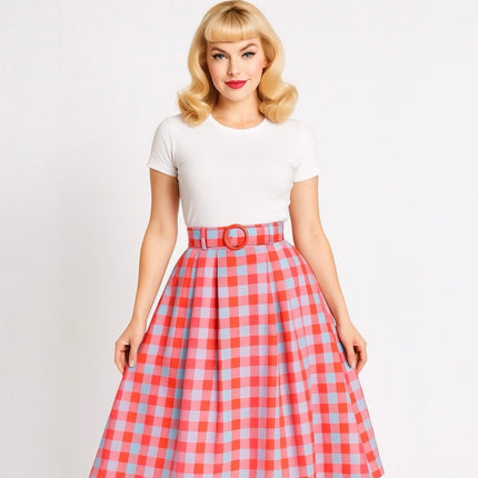 Barbie x Modcloth So Plaid It's Good Pink Pleated Belted A Line Midi Skirt Sz 26