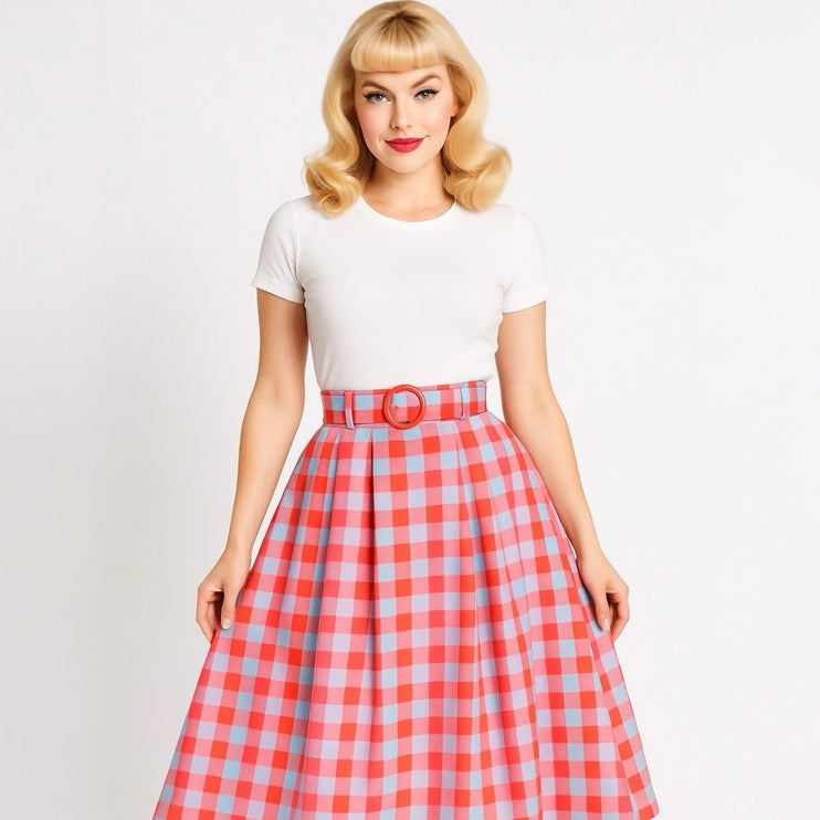 Barbie x Modcloth So Plaid It's Good Pink Pleated Belted A Line Midi Skirt Sz 26