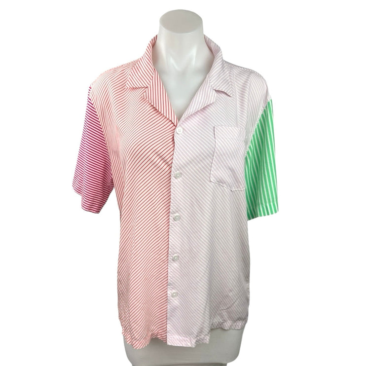 Terez Multicolor Colorblock Striped Button Down Short Sleeve Pocket Shirt Top M