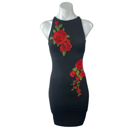 B. Darlin Black Floral Embroidered High Neck Sleeveless Mini Bodycon Dress 1/2
