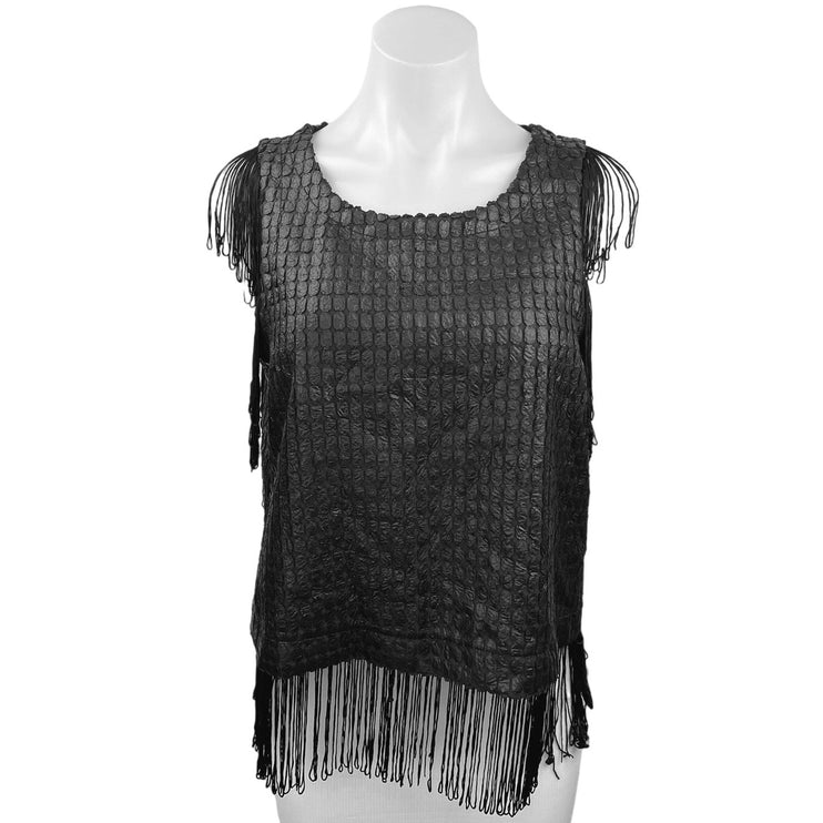 Design Lab Black Textured Sleeveless Fringe Crewneck Chic Tunic Tank Top Size M