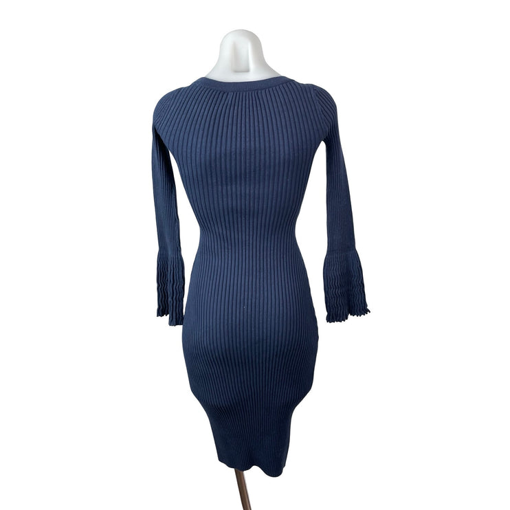 Bar III Women's Blue Ribbed Knit Long Bell Sleeve Midi Sweater Bodycon Dress XS