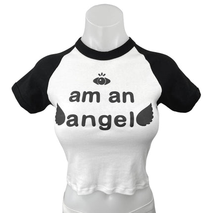 Los Angeles Apparel Black White Am An Angel Crop Baby Tee T Shirt Top Size S
