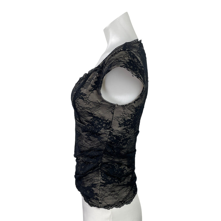 Abercrombie & Fitch Womens Black Floral Lace Cap Sleeve Sheer Crop Blouse Top S