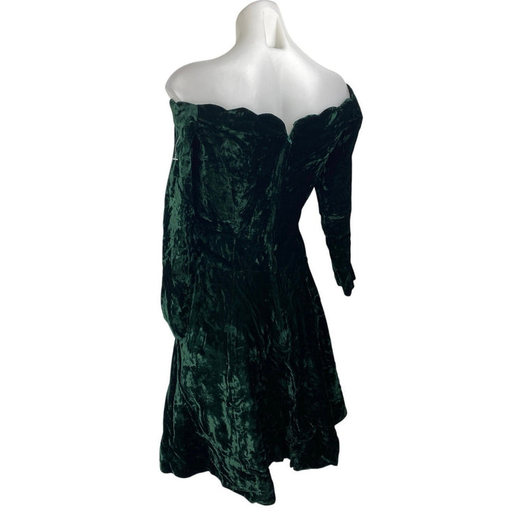 Women's Green Velvet Velour Handmade Half Sleeve Scalloped A Line Mini Dress S