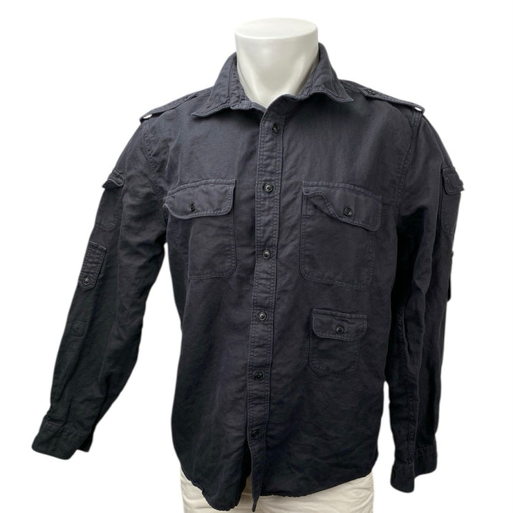 Banana Republic Men's Black Linen Untucked Long Sleeve Button Down Cargo Shirt M