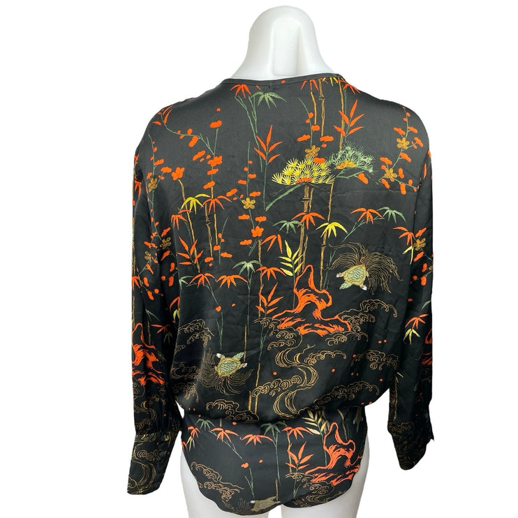 Zara Women's Black Tropical Print Tie Neck V Neck Long Sleeve Bodysuit Top Sz M