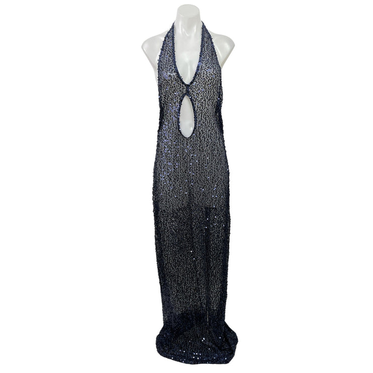 PrettyLittleThing Blue Sheer Sequin Plunge Halter Cutout Maxi Dress Size 12 Tall