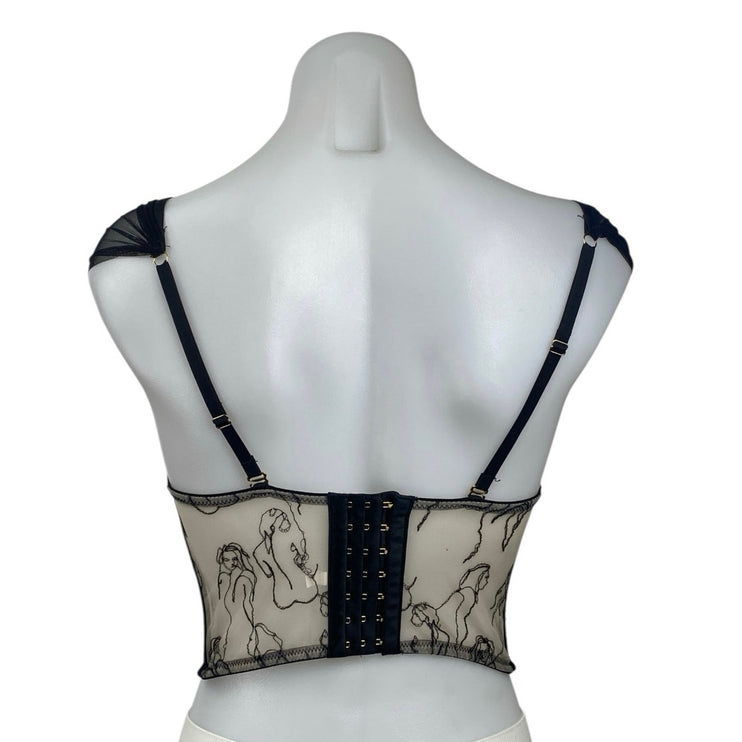 Women's Beige Black Mesh Corset Bustier Cap Sleeve Lady Stitch Crop Top Size S