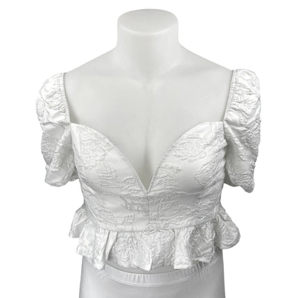 Shein White Floral Embroidered Short Puff Sleeve Ruffle Peplum Blouse Top Sz XL