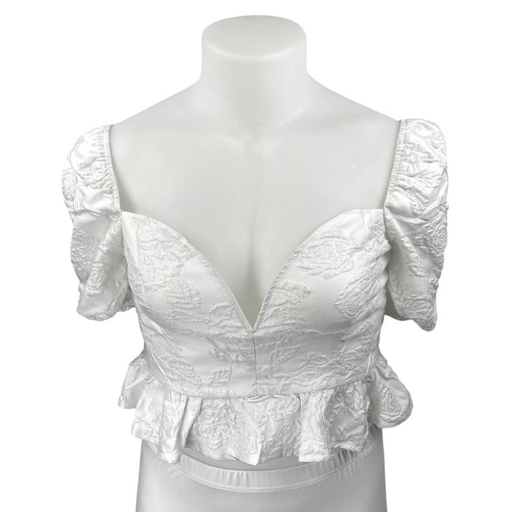 Shein White Floral Embroidered Short Puff Sleeve Ruffle Peplum Blouse Top Sz XL