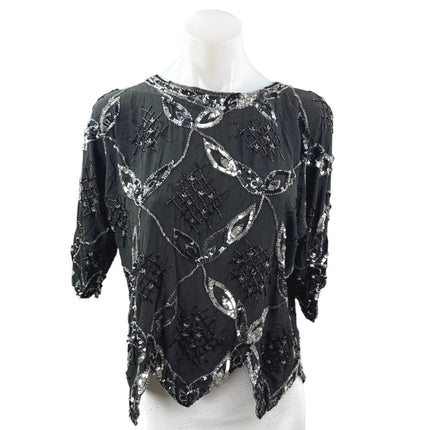 Vintage Argenti Black 100% Silk Sequin Embellished Short Sleeve Blouse Top Sz M