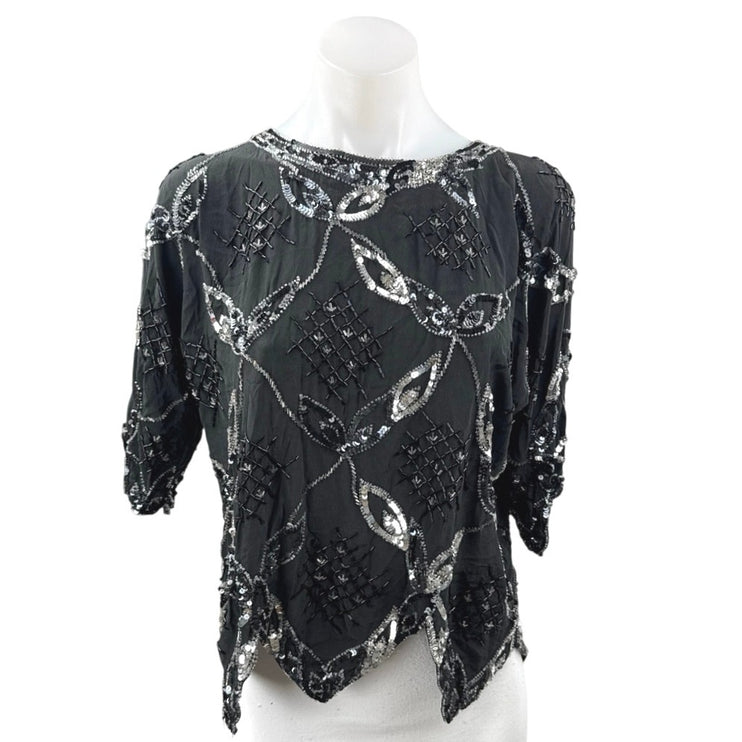Vintage Argenti Black 100% Silk Sequin Embellished Short Sleeve Blouse Top Sz M