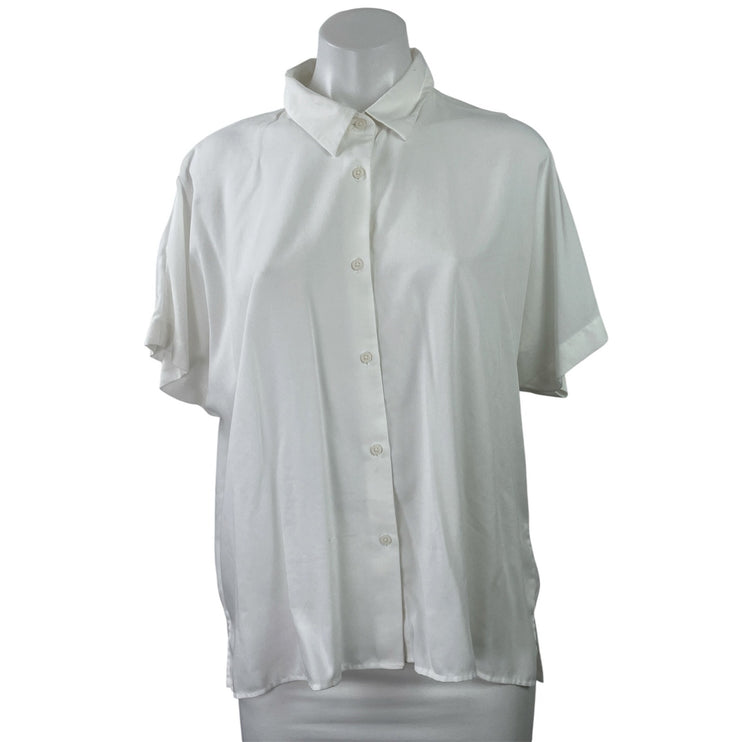 Uniqlo Women White Short Sleeve Minimalist Collared Button Down Shirt Top Size M