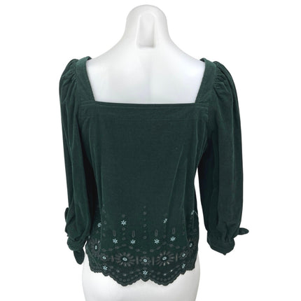 Madewell Green Floral Embroidered Eyelet Corduroy Tie-Sleeve Blouse Top Sz XS