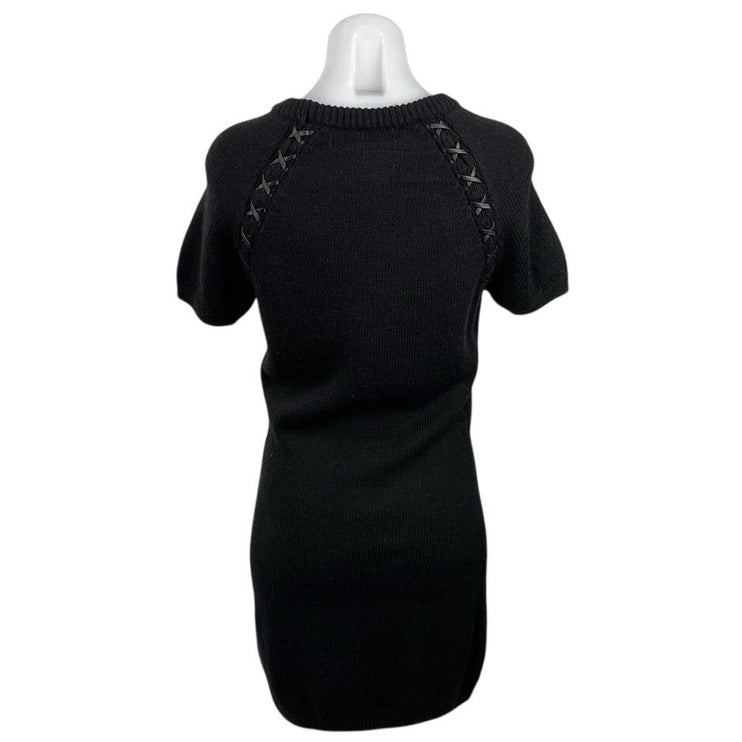 Zara Black Ribbed Knit Woven Metallic Short Sleeve Mini Shift Sweater Dress Sz S