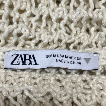 Zara Women's Cream Long Flare Sleeve Open Knit Crochet Sweater Crop Top Size M