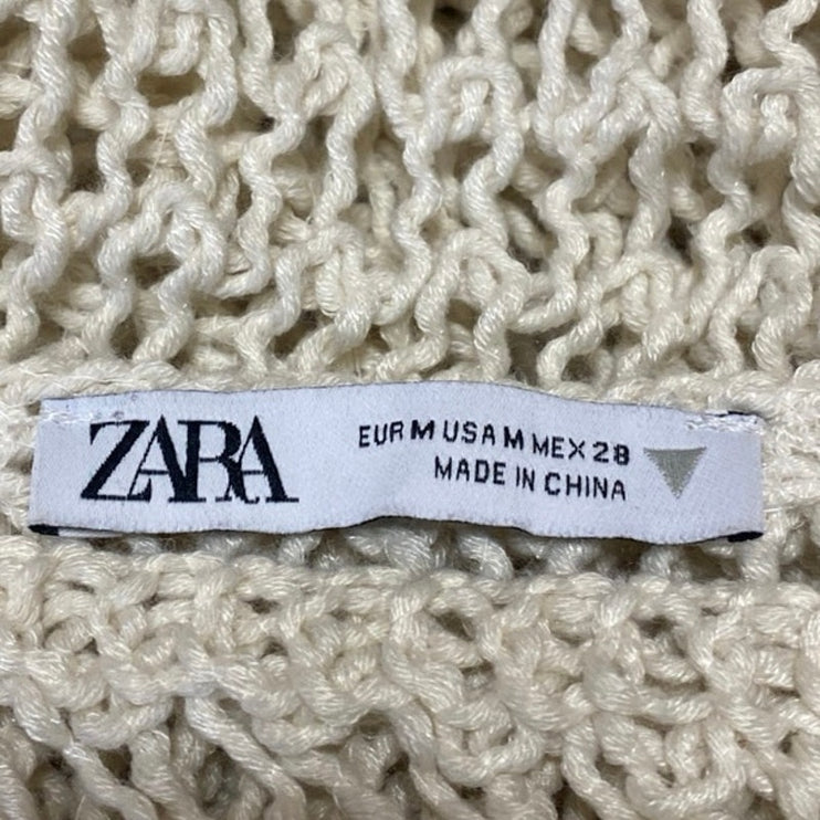 Zara Women's Cream Long Flare Sleeve Open Knit Crochet Sweater Crop Top Size M