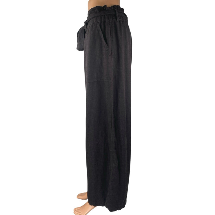 Blank NYC  Black Linen High Rise Drawstring Paperbag Wide Leg Trousers Pants L