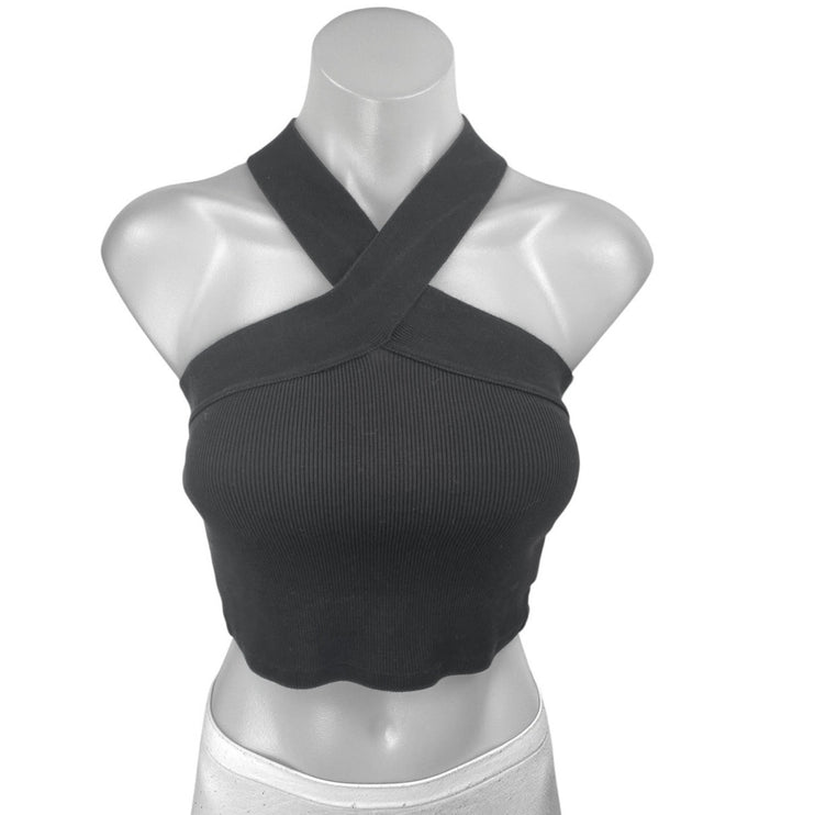 Oak + Fort Black Sleeveless Ribbed Knit Cross Strap Tank Sculpt Crop Top Size XS