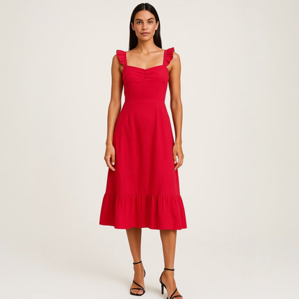NEW Lulus Red Sleeveless Ruffle Cami Camisole Tank Ruched Midi Dress Size S