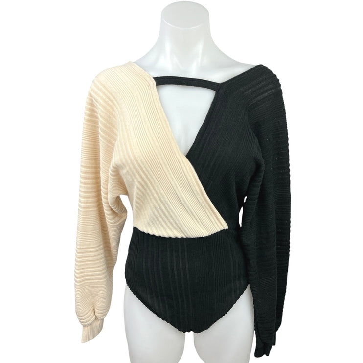 Shein Cream Black Colorblock Ribbed Long Sleeve Bodysuit Sweater Top Size 4