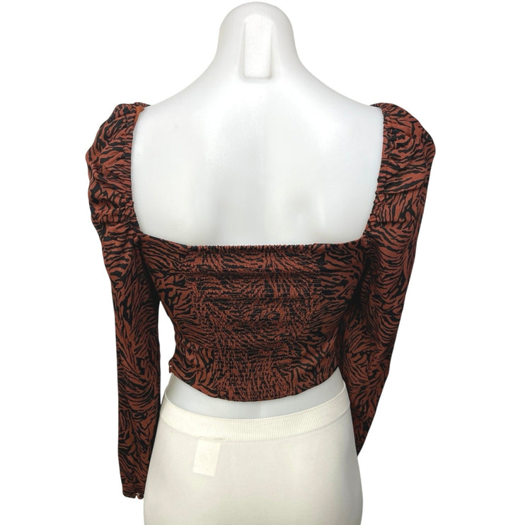 & Other Stories Brown Black Animal Zebra Print Square Long Sleeve Crop Top Sz 0