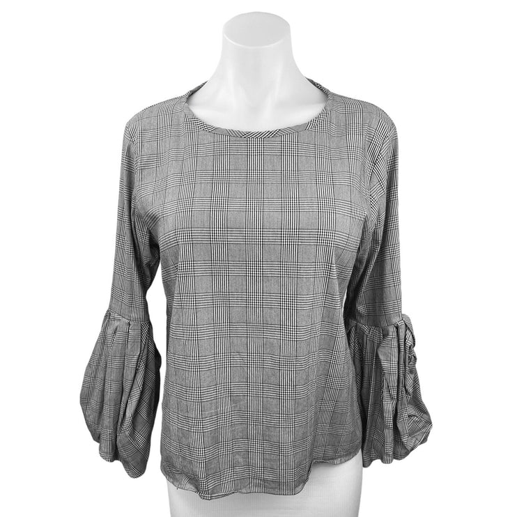 Zara Woman Black White Houndstooth Plaid Career Balloon Sleeve Blouse Top Size M