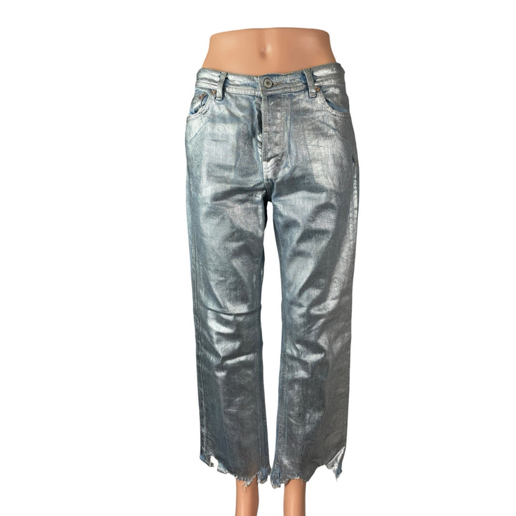 Free People Metallic Silver Raw Frayed Hem Barrel Wide Leg Denim Jeans Pants 26
