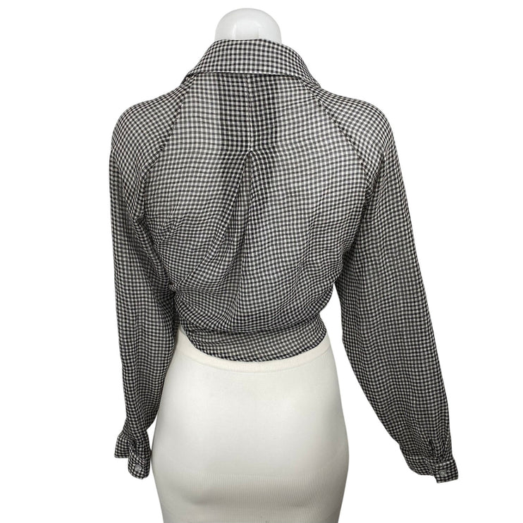 Emory Park Black Gingham Check Long Sleeve Tie Cropped Blouse Shirt Top Size M