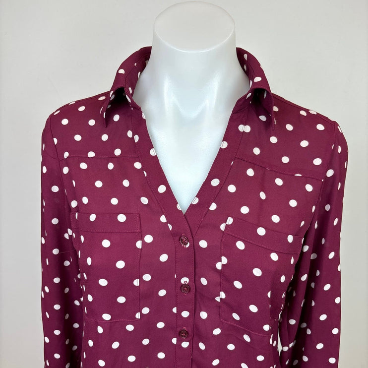 Express Womens Red Polka Dots Slim Fit V Neck Long Sleeve Button Up Shirt XS