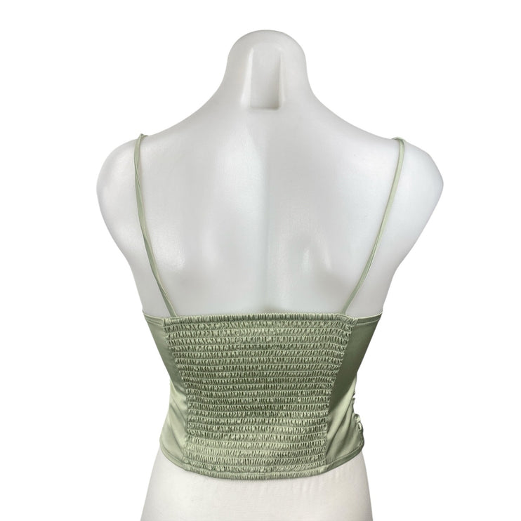 Hollister Women's Green Silk Satin Ruched Smocked Tie Cami Tank Crop Top Size XS