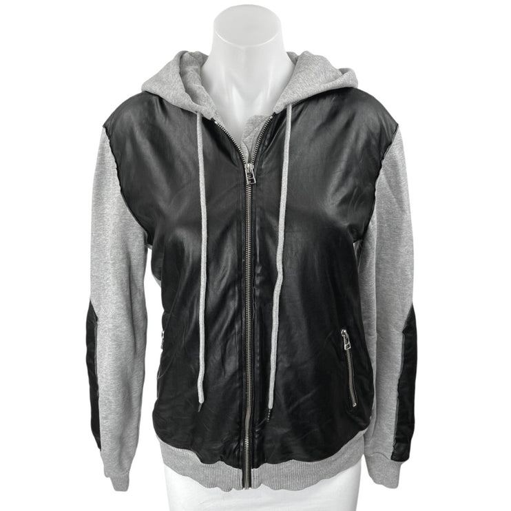 Aritzia Wilfred Gray Black Faux Leather Panel Zip Up Hoodie Coat Jacket Size XS