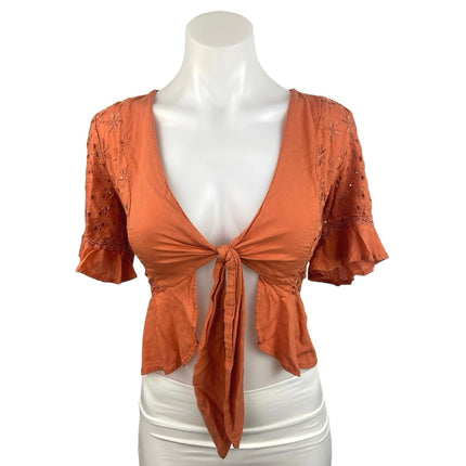 American Eagle Orange Embroidered Floral Tie Front V Neck Peplum Blouse Top Sz S