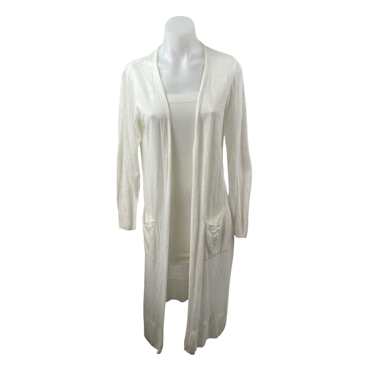 Rachel Zoe Womens White Linen Long Sleeve Longline Duster Cardigan Sweater Top M