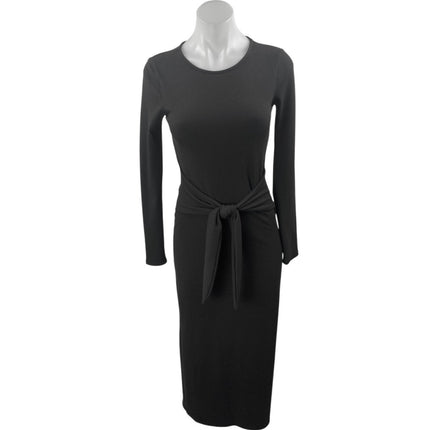 Aqua Women's Black Rib Knit Tie Waist L:ong Sleeve Midi Bodycon Sweater Dress XS
