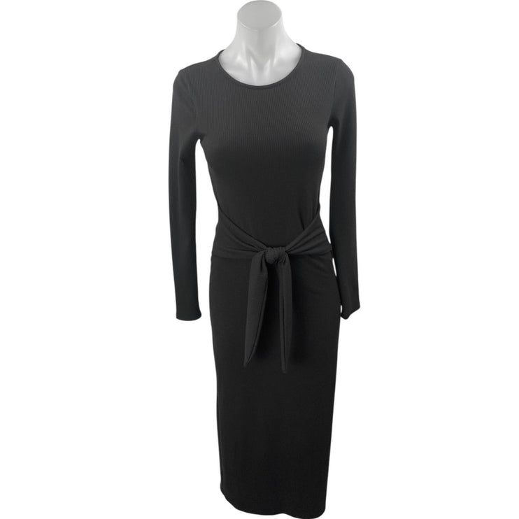 Aqua Women's Black Rib Knit Tie Waist L:ong Sleeve Midi Bodycon Sweater Dress XS
