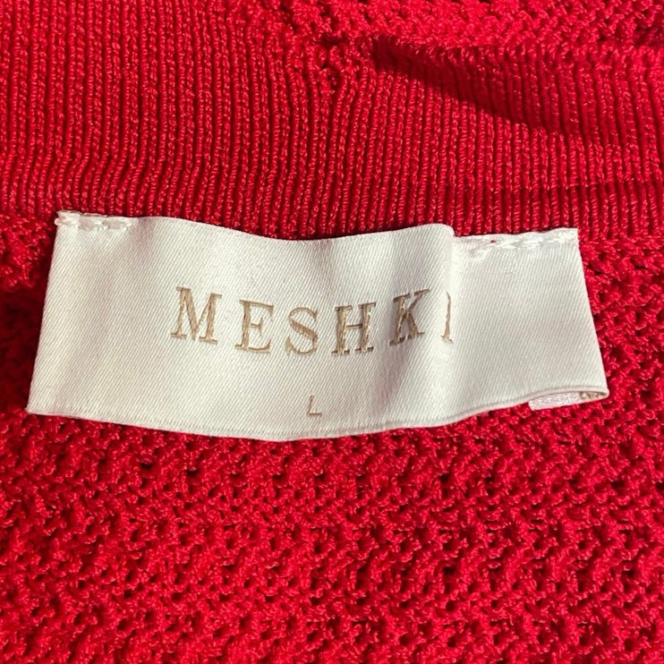 Meshki Women's Red Sleeveless Knit Scalloped Button Up Tank Crop Top Size L