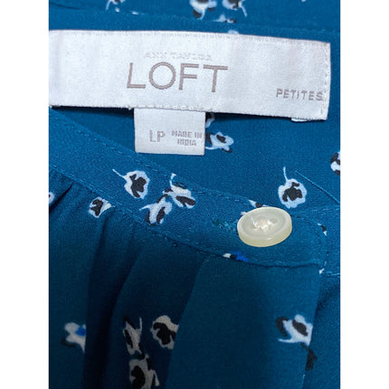Ann Taylor LOFT Women's Teal Blue Floral Ruffle Sleeve Button Blouse Top Size LP