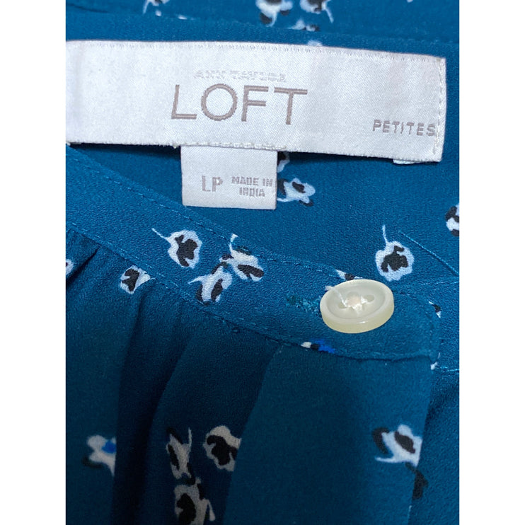 Ann Taylor LOFT Women's Teal Blue Floral Ruffle Sleeve Button Blouse Top Size LP